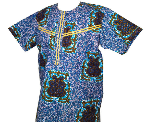 Blue batik round-neck shirt with gold cross